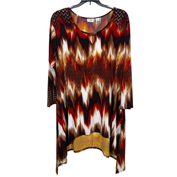 Cato Woman Tunic Top 18/20W Red Orange Print Sharkbite Liquid Knit Stretch - Picture 1 of 7